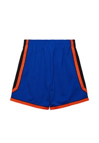 Blauwe mesh sportshorts met zwarte zijpanelen, oranje strepen, elastische tailleband en een ademende textuur. Geen zichtbare zakken.