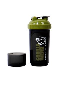 Zwarte shakebeker met een olijfgroene deksel. Bevat een logo met de tekst "GORILLA WEAR" en "Verenigde Staten van Amerika." Inclusief een afneembare dop.