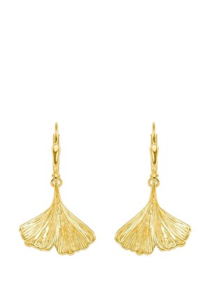 Para złotych kolczyków w kształcie teksturowanych liści miłorzębu z zapięciami na dźwignię.