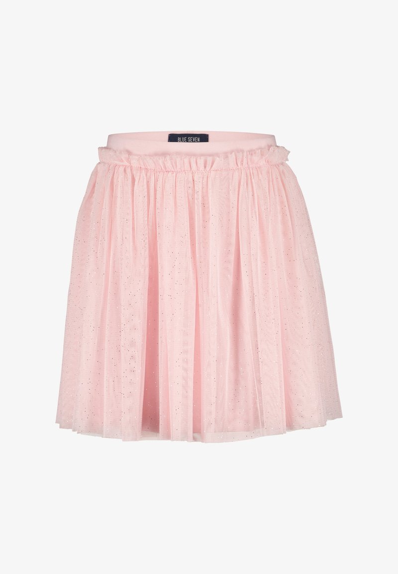 Jupe en tulle rose avec une taille élastique froncée, un design à couches, et des accents subtils de paillettes sur toute la surface. Étiquette de la marque : Blue Seven.