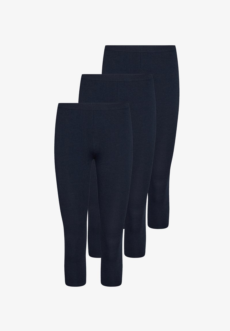 Tre par navy blue leggings i mid-kalv længde, lavet af blødt, strækbart stof med en glat tekstur og elastisk talje.