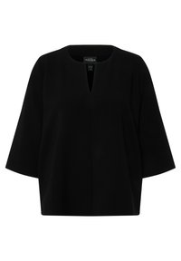 Schwarzes Oberteil mit V-Ausschnitt und kurzen, weiten Ärmeln. Das Material wirkt glatt und hat einen lockeren Schnitt, der ein simples, modernes Design betont.