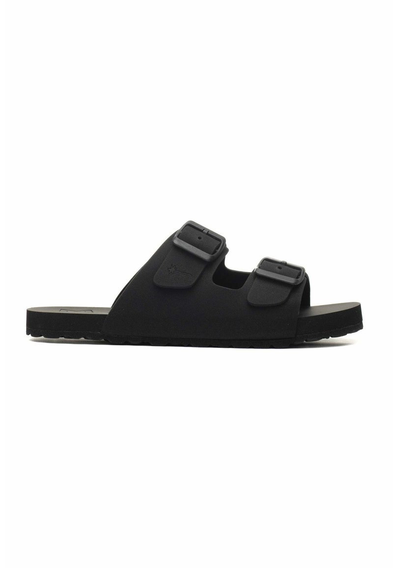 Infradito neri in materiale opaco, con due cinturini regolabili con fibbie, design open-toe e suola testurizzata.