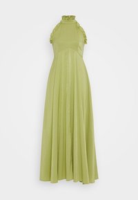 Light green sleeveless maxi dress with high ruffled collar and ruffle detailing along shoulder seams, flowing A-line skirt, smooth shiny fabric.
