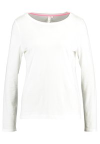 Weißes Langarm-T-Shirt mit Rundhalsausschnitt und einem rosa Akzent am Kragen. Hergestellt aus weichem, leichtem Stoff. Einfaches Design, ohne Muster.