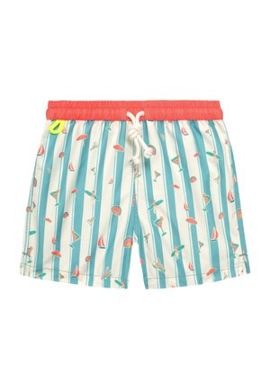 Short de bain rayé bleu et blanc avec taille élastique corail, cordon blanc et petits motifs d'ombrelles, boissons, bateaux et nageurs.