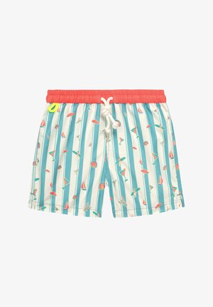 Short de bain rayé bleu et blanc avec taille élastique corail, cordon blanc et petits motifs d'ombrelles, boissons, bateaux et nageurs.