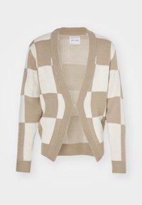 Beiger und cremefarbener Cardigan mit karierter Musterung, V-Ausschnitt, gerippten Bündchen und offenem Design. Hergestellt aus weichem Strickmaterial.