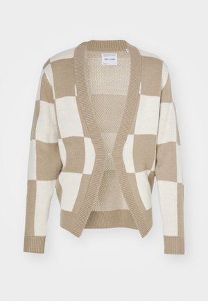Cardigan beige y crema con un patrón de cuadros, cuello en V, puños acanalados y diseño abierto en el frente. Fabricado con un material de punto suave.