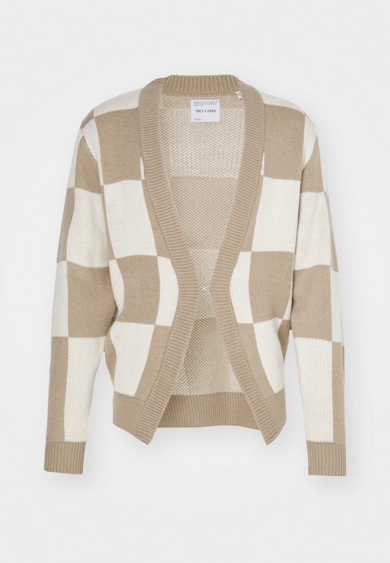 Beiger und cremefarbener Cardigan mit karierter Musterung, V-Ausschnitt, gerippten Bündchen und offenem Design. Hergestellt aus weichem Strickmaterial.
