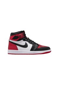 Hohe Sneaker mit schwarzem Lederoberteil, roten Akzenten und weißen Paneelen. Verfügt über strukturierte Oberflächen und ein schwarzes Swoosh-Logo. Gummisohle.