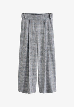 Pantalon large à carreaux gris avec plis, dotés d'une ceinture à la taille et d'un tissu doux texturé avec de subtils fils colorés tout au long.