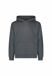 Sudadera gris fabricada en una suave mezcla de algodón, con un bolsillo frontal, puños de canalé y capucha ajustable con cordones. Diseño simple y sin costuras.