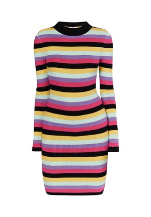 Ribota kleita ar garām piedurknēm, iekļaujot horizontālas svītras rozā, dzeltenā, melnā, gaiši zilā un lavandas krāsā. Melna apkakles detaļa.