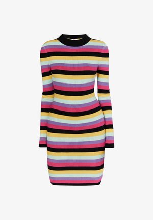 Rátétes ruha hosszú ujjakkal, vízszintes csíkokkal rózsaszín, sárga, fekete, világoskék és levendula színekben. Fekete gallér részlet.