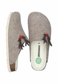 Felt slippers in light brown with a soft texture, featuring a rounded shape, a white rubber sole, and decorative red and brown accents.