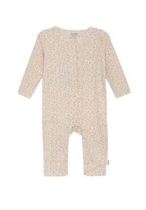 Langärmeliger Jumpsuit aus cremefarbener Baumwolle mit floralem Muster in Pink und Gelb. Verfügt über eine Knopfleiste vorne und geraffte Akzente.