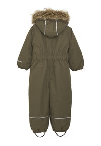 Olivenfarbener, isolierter Schneeanzug mit Kapuze aus Kunstfell, elastischem Taillenbund, elastischen Bündchen und reflektierenden Akzenten an den Beinen.