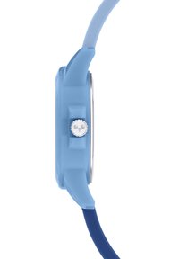 Blaue Silikonarmbanduhr mit einem größeren runden Gehäuse, silberner Krone und einem blauen Armband. Glatte Textur mit subtilen Akzenten am Gehäuse.