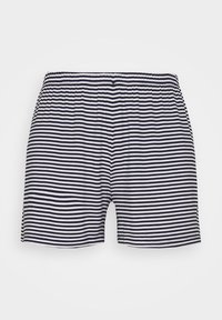 Shorts en coton rayés bleu marine et blanc avec une taille élastique. Coupe décontractée et texture lisse. Longueur mi-cuisses.
