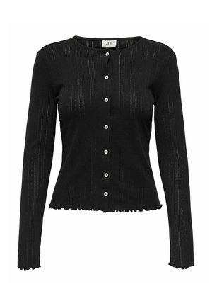 Sort strikket cardigan med lange ærmer, ribbet tekstur, hvide knapper og slidt kant. Har vertikal stribedesign over det hele.