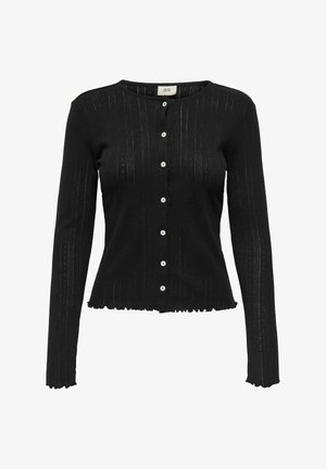 Czarny sweter z dzianiny z długimi rękawami, prążkowaną teksturą, białymi guzikami i postrzępionym dołem. Posiada pionowy wzór w paski na całej powierzchni.