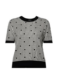 Suéter de manga corta en blanco y negro con un patrón de cuadros, que presenta un cuello y dobladillo en negro con canalé. Fabricado con un tejido de punto texturizado.
