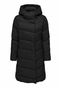 Manteau d'hiver noir avec capuche, présentant un design matelassé et une coupe droite. Il a des manches longues et arrive au milieu des cuisses.