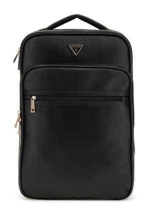 Zaino nero realizzato in materiale sintetico testurizzato, con una forma rettangolare, due scomparti con zip e un accento di logo.