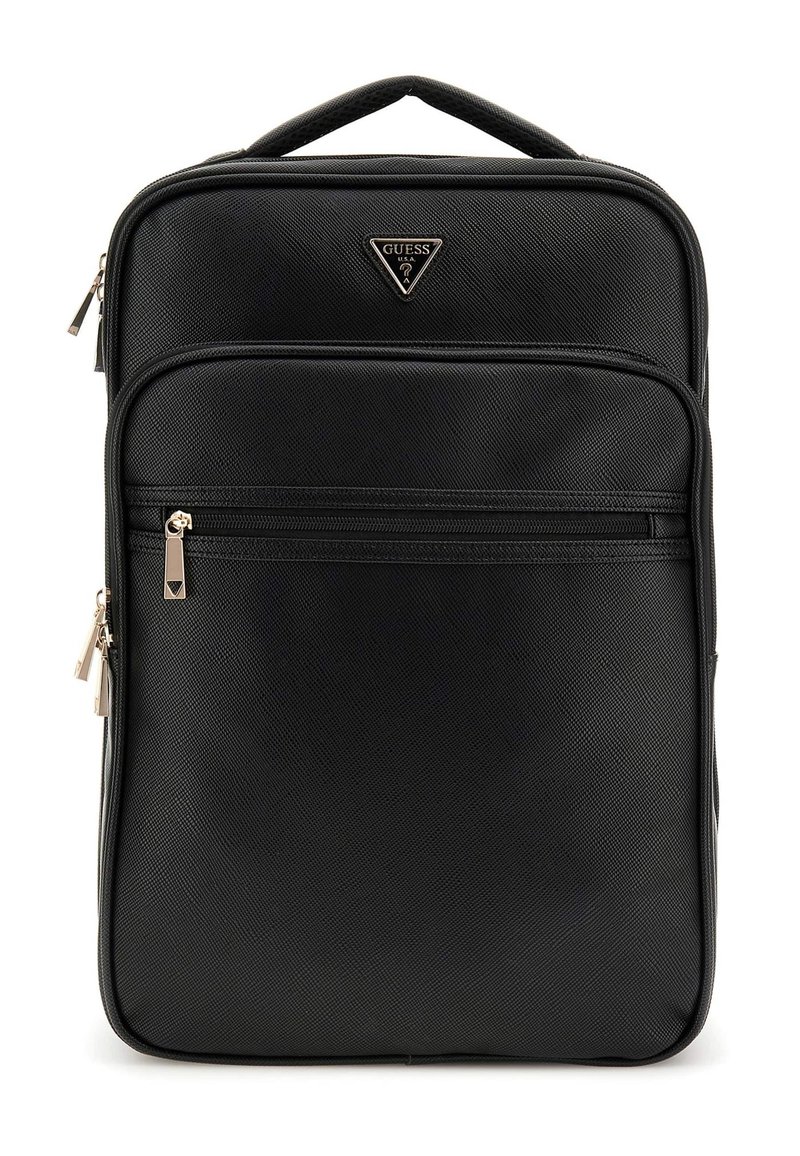 Zaino nero realizzato in materiale sintetico testurizzato, con una forma rettangolare, due scomparti con zip e un accento di logo.