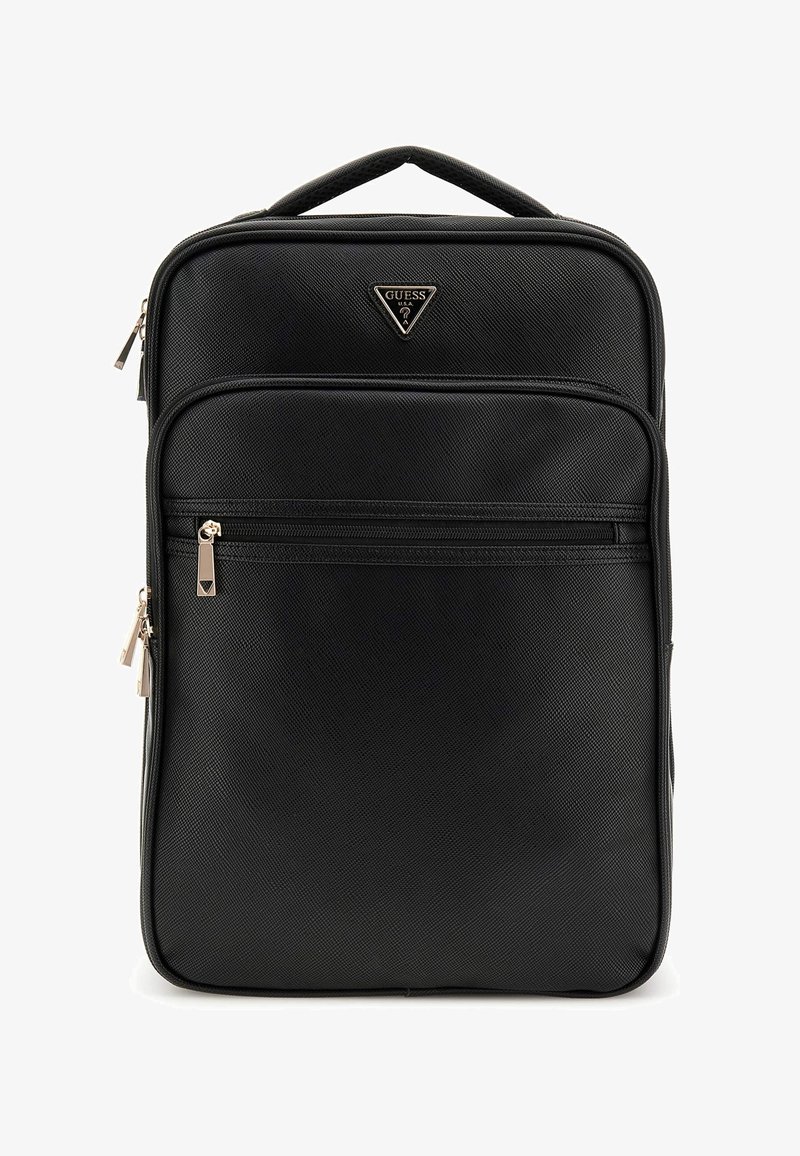 Zaino nero realizzato in materiale sintetico testurizzato, con una forma rettangolare, due scomparti con zip e un accento di logo.