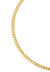Gold-tone metal chain necklace featuring oval links with a smooth, shiny finish, designed in a continuous loop.