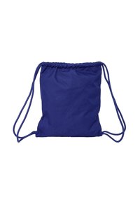 Zaino con cordoncino in tessuto blu uniforme, caratterizzato da una forma rettangolare, parte superiore arricciata e corde regolabili per il trasporto.