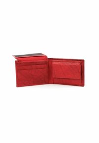 Portefeuille en cuir rouge avec une finition texturée. Comprend plusieurs emplacements pour cartes et une poche transparente pour la carte d'identité, avec un design ouvert pour un accès facile.