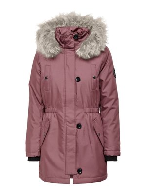 Rosa isolierte Parka mit Kapuze aus Kunstfell, Druckknöpfen, elastischem Taillenbund, Seitentaschen und schwarzen Bündchen für zusätzliche Wärme.