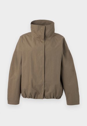 Brown lightweight jacket with high stand collar, long sleeves, front concealed closure, and elasticated hem against white background.