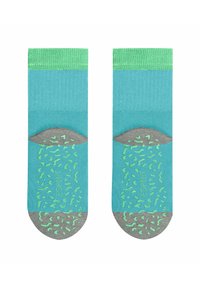 Türkise Knöchelsocken mit grünem geripptem Bund, grauem Absatz und grünem abstraktem Muster auf der Sohle für besseren Halt.