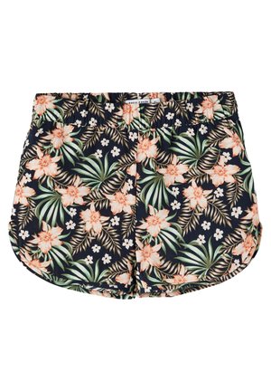 Granatowe szorty z elastycznym pasem, zdobione tropikalnym wzorem kwiatów brzoskwiniowych i zielonych liści palmowych.