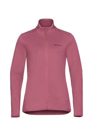 Veste en molleton rose avec un col montant, fermeture éclair intégrale, manches longues et tissu texturé. Présente un logo de marque sur la poitrine gauche.