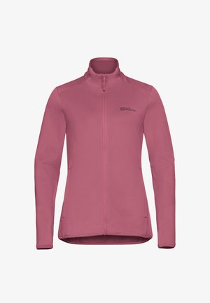 Veste en molleton rose avec un col montant, fermeture éclair intégrale, manches longues et tissu texturé. Présente un logo de marque sur la poitrine gauche.