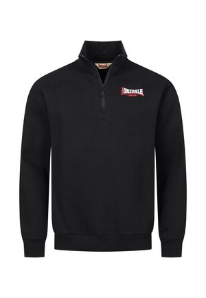 Svart zip-up sweatshirt i bomull, med hög krage och ribbade ärmslut. Den har en röd broderad logotyp på bröstet.