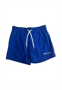 Pantaloni da nuoto atletici blu realizzati in materiale leggero, con vita regolabile tramite cordino, tasche laterali e logo Champion sull'orlo.