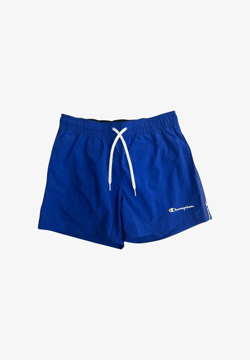 Pantaloni da nuoto atletici blu realizzati in materiale leggero, con vita regolabile tramite cordino, tasche laterali e logo Champion sull'orlo.