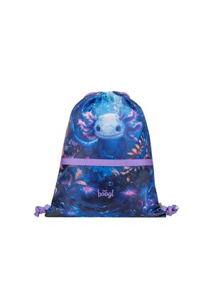 Kordelrucksack mit blauem und lila Unterwassermotiv mit einem lächelnden Axolotl und Wasserpflanzen.