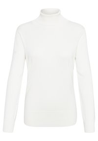 Pull à col roulé à manches longues en blanc, fabriqué dans un matériau doux, avec une coupe ajustée et des poignets et un ourlet côtelés.