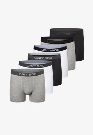 Bokserki w kolorze szarym, białym i czarnym; elastyczny pas z logo "camano"; sześć par wyeksponowanych w rzędzie.