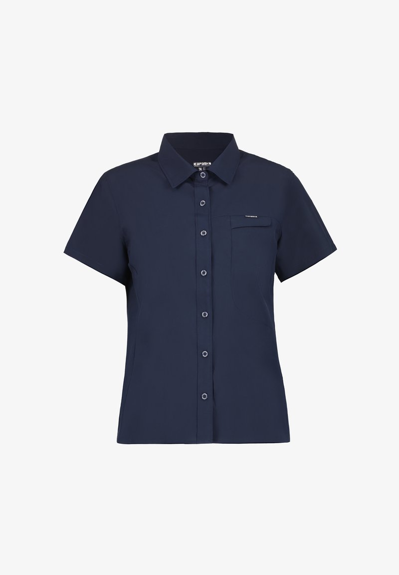Short-sleeve navy shirt with a button-up front, collar, and a single chest pocket. Made from smooth fabric with a subtle sheen.