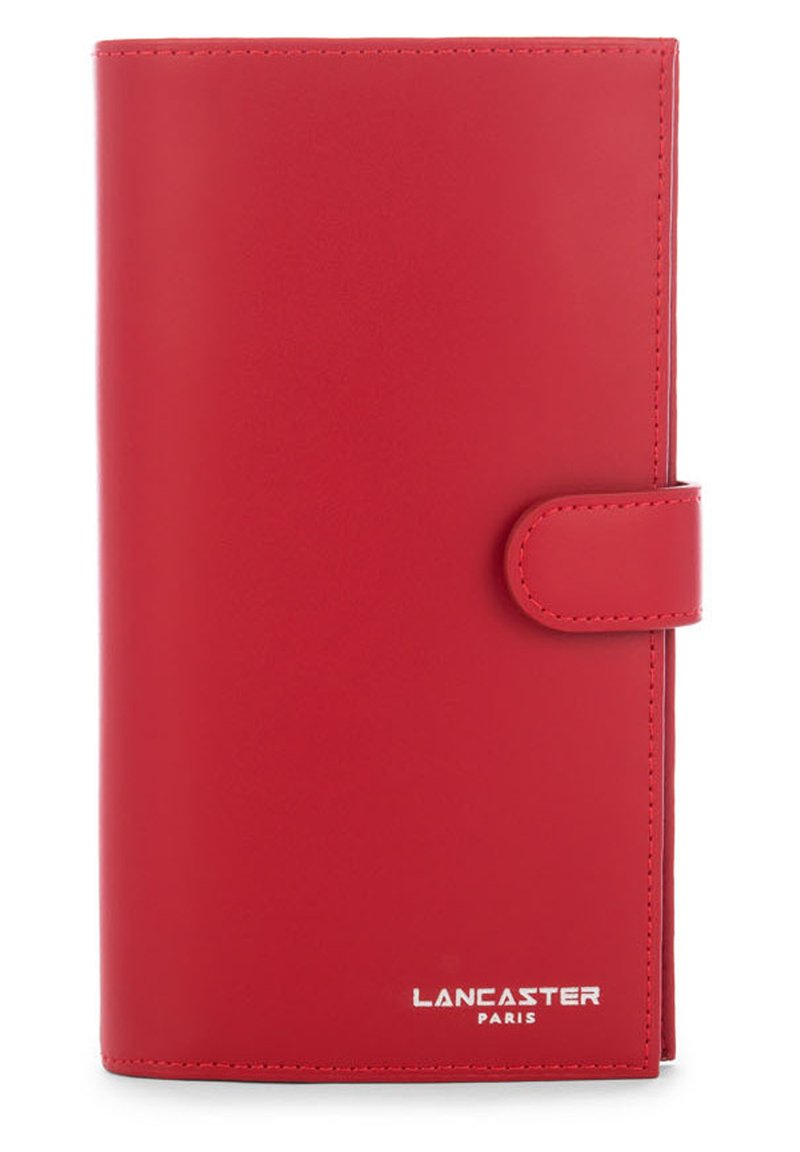 Red leather wallet with a smooth texture, rectangular shape, a snap closure, and embossed branding at the bottom.