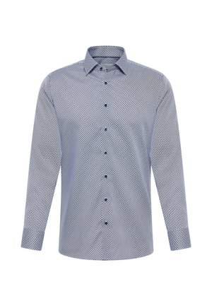 Langarmhemd im marineblauen und weißen geometrischen Muster; verfügt über einen klassischen Kragen, eine Knopfleiste und passende Knöpfe.