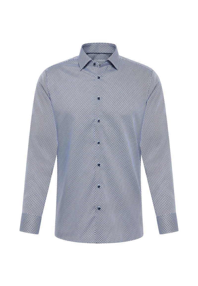 Langarmshirt in marineblauw met wit geometrisch patroon; beschikt over een standaardkraag, knoopsluiting aan de voorkant en bijpassende knopen.